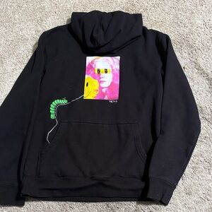 Graphic Black Hoodie with Neon Portrait and Green Caterpillar